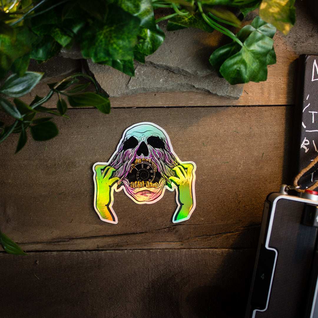 Time Eater Holographic Sticker – Motivational Vinyl Sticker for Procrastination Awareness & Productivity Focus