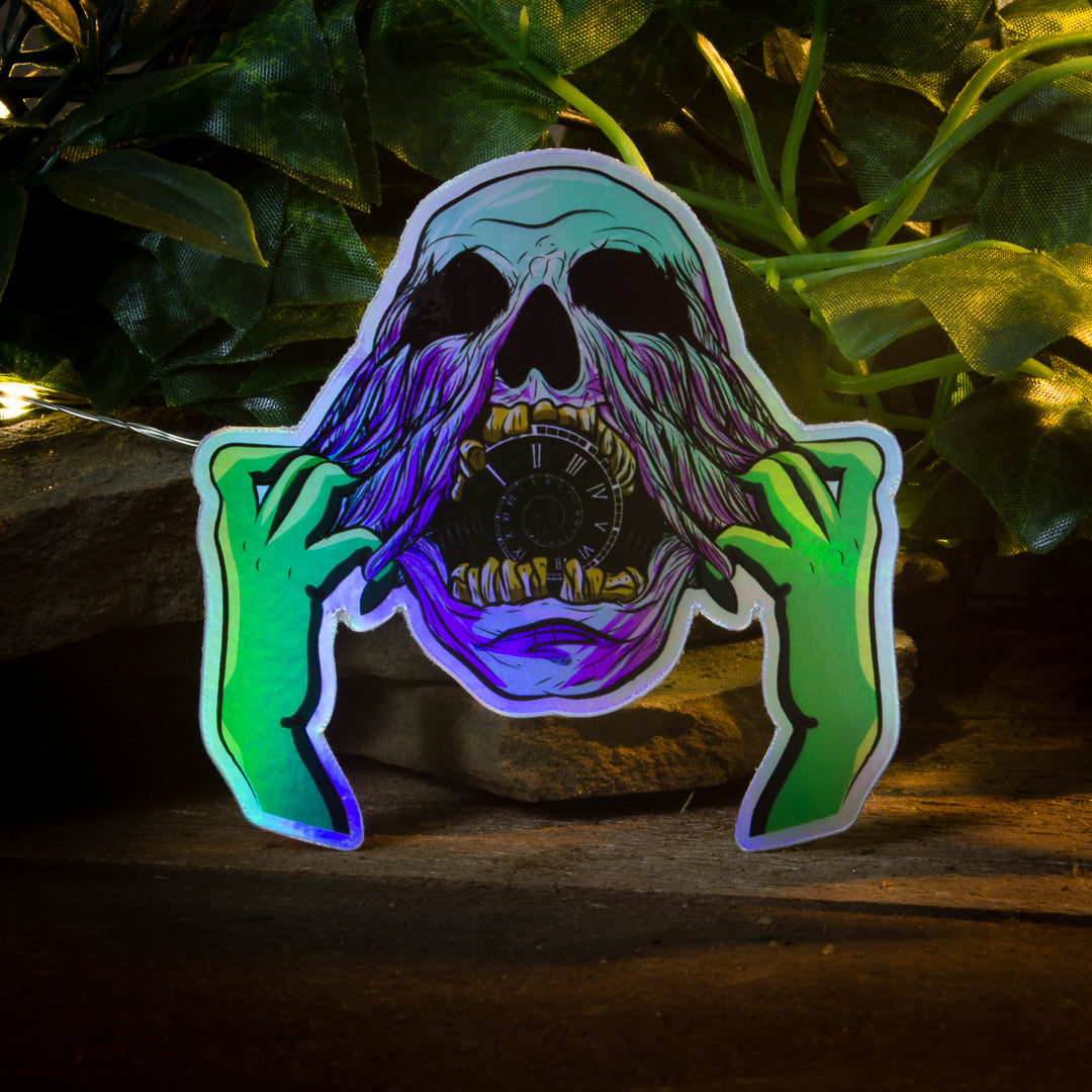 Time Eater Holographic Sticker – Motivational Vinyl Sticker for Procrastination Awareness & Productivity Focus